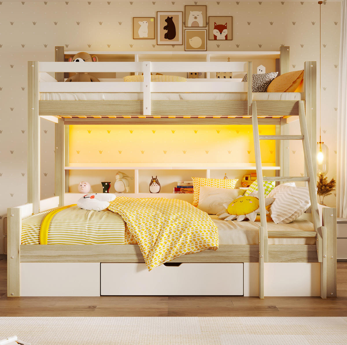 ETAGENBETT 90/200 + 140/200 cm mit LED-Beleuchtung und Stauraum in Weiß/Natur - Weiß, Holz - BEAOK