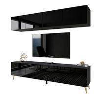 WOHNWÄNDE AURA PUSH-OPEN Schwarz Hochglanz mit LED-Beleuchtung – Füße in Gold - Schwarz Hochglanz/Goldfarben, Holzwerkstoff (200/49/40cm) - Lookway