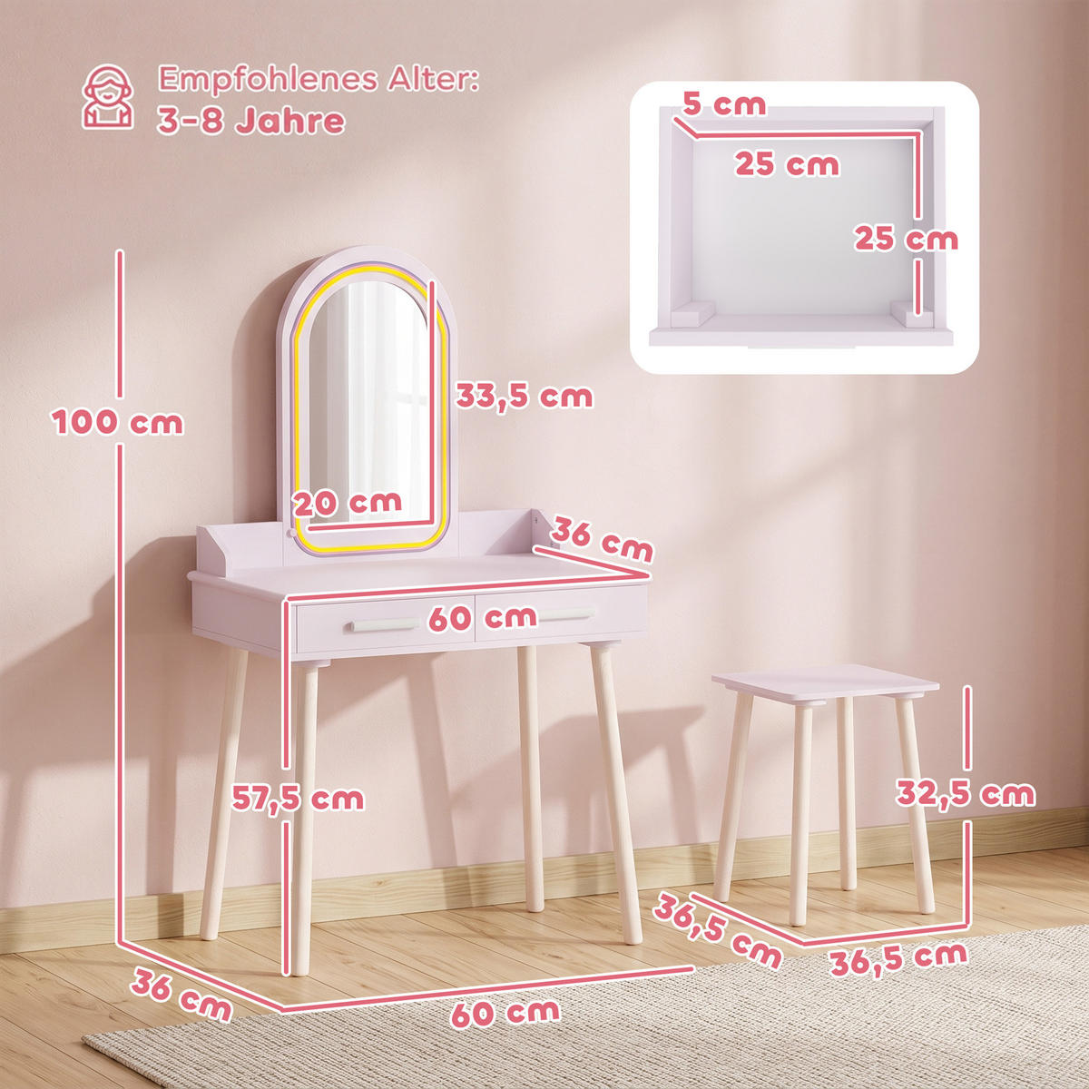 KINDER-SCHMINKTISCH-SET MDF Kiefernholz 2er Set Rosa - Weiß/Rosa, Holz/Holzwerkstoff (36/100/60cm) - AIYAPLAY