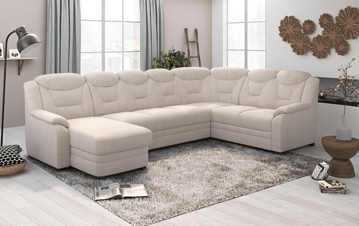 WOHNLANDSCHAFT mit Schlaffunktion und Bettkasten – weiches Chenille-Gewebe - Sandfarben/Beige, Holz/Kunststoff (211/99/330cm) - Cotta