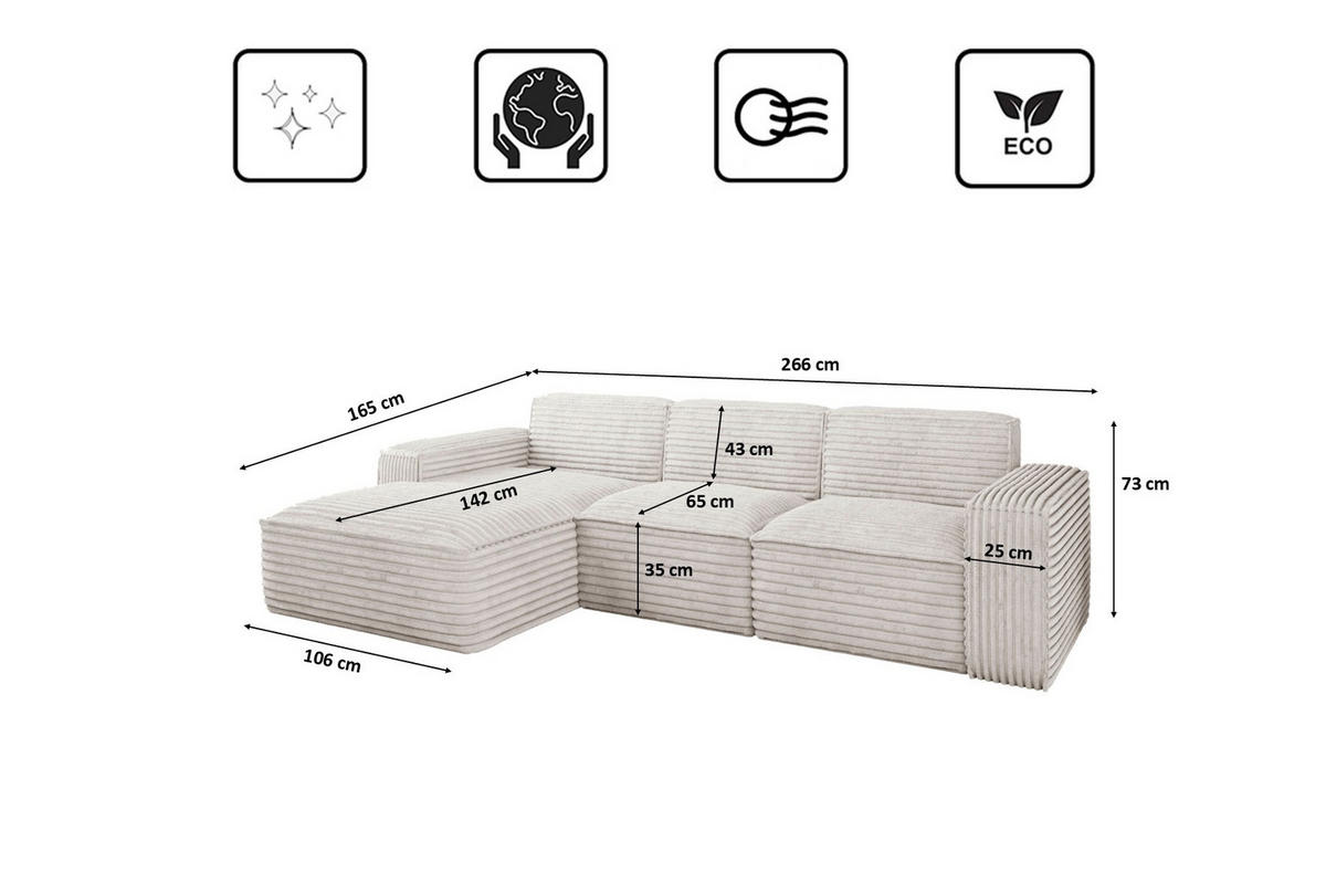 ECKSOFA L-Form Siena Stoff Velo Ecru Links - Ecru, Holz/Kunststoff (165/266cm) - Kaiser Möbel