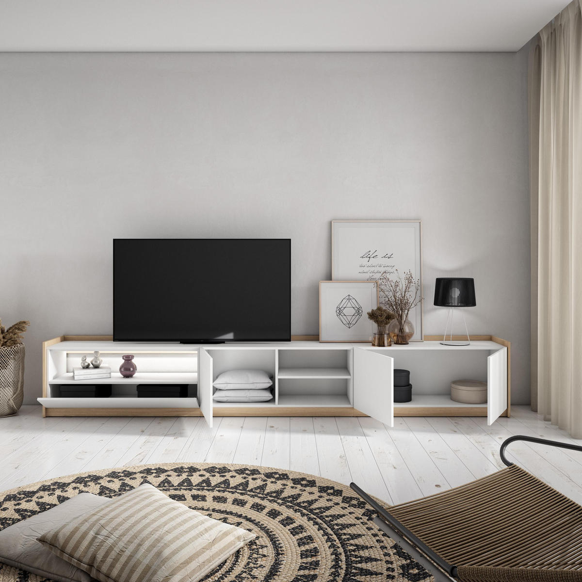 LOWBOARD, Weiß und Eiche, 310/37/50cm, mit Led - Weiß, Holzwerkstoff (310/50/37cm) - Skraut Home