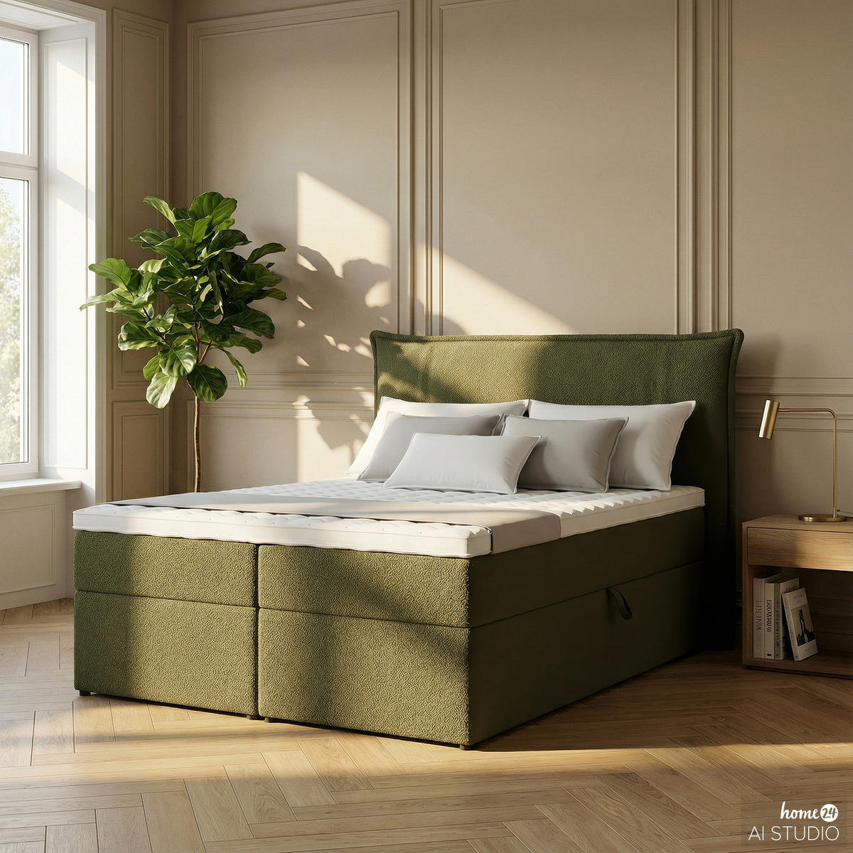 BOXBETT mit Stauraum - Bouclé - Olivgrün, Holzwerkstoff/Textil (140/200cm) - home24