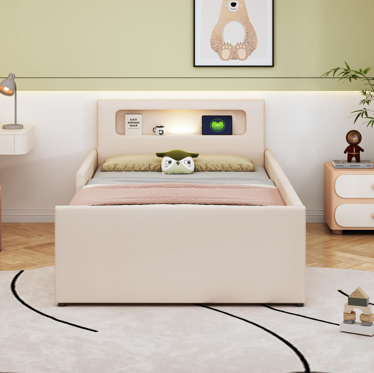 KINDEREINZELBETTEN aus Kunstleder 90x200 cm in Beige mit USB & Nachtlicht - Beige, Leder (90/200cm) - Modfu