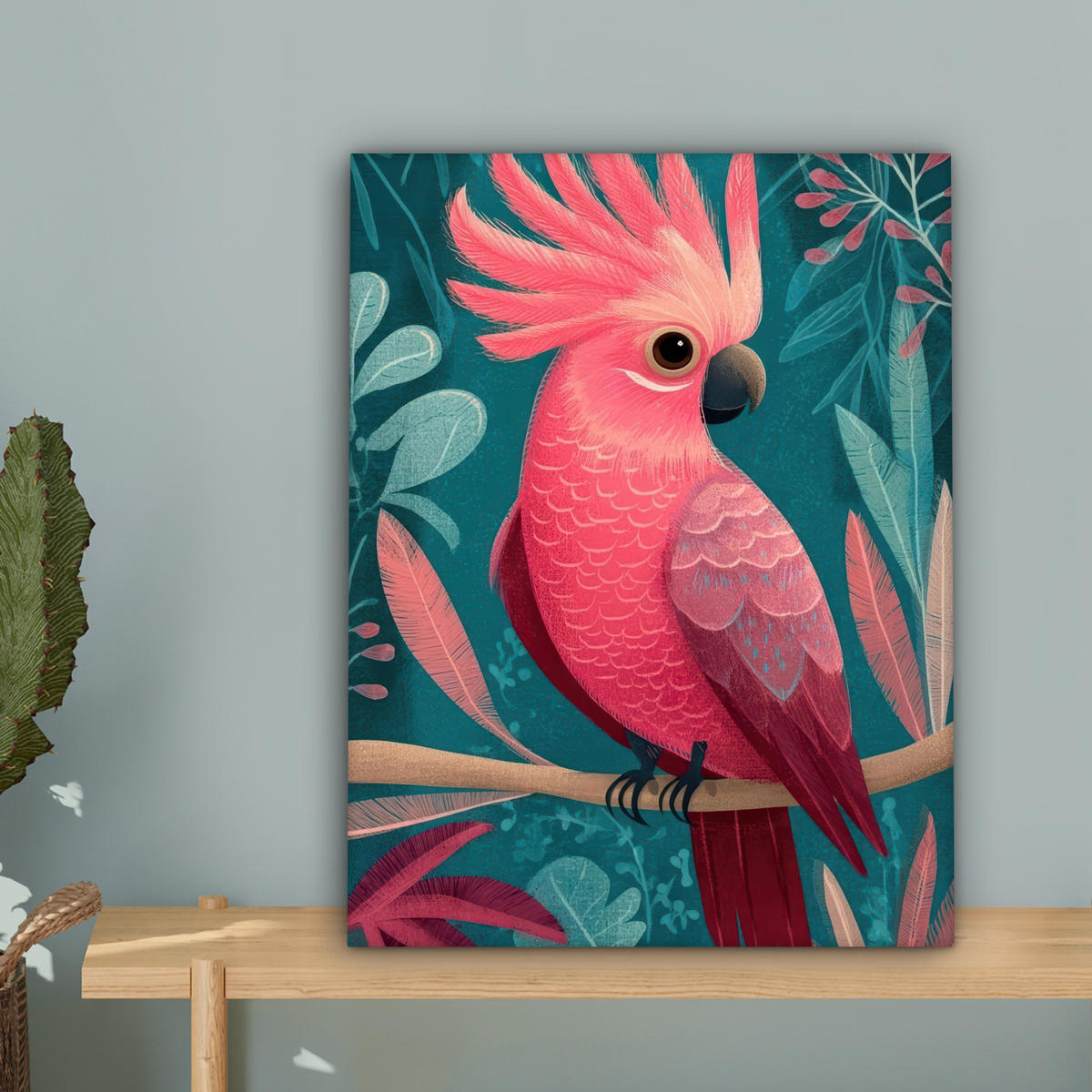 LEINWANDBILD Kakadu - Tropische Blätter - Zweig Room Decor 30x40 cm - Petrol, Textil (30/40cm) - MuchoWow