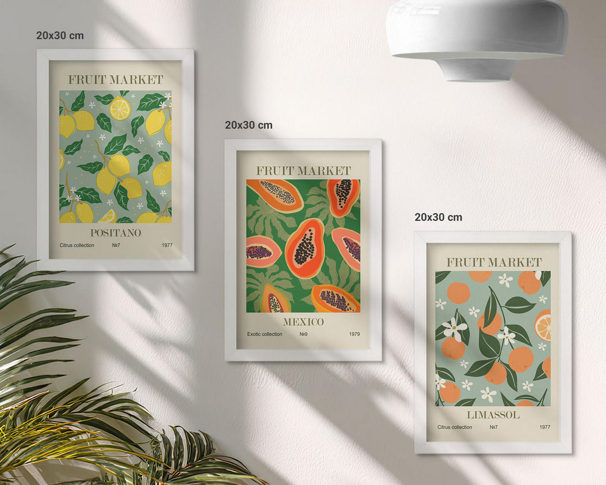 BILDER SET 3er Set - 20x30 cm Weißer Rahmen - Fruchtposter Zitronen Papayas - Weiß, Kunststoff (20/30cm) - TULUP