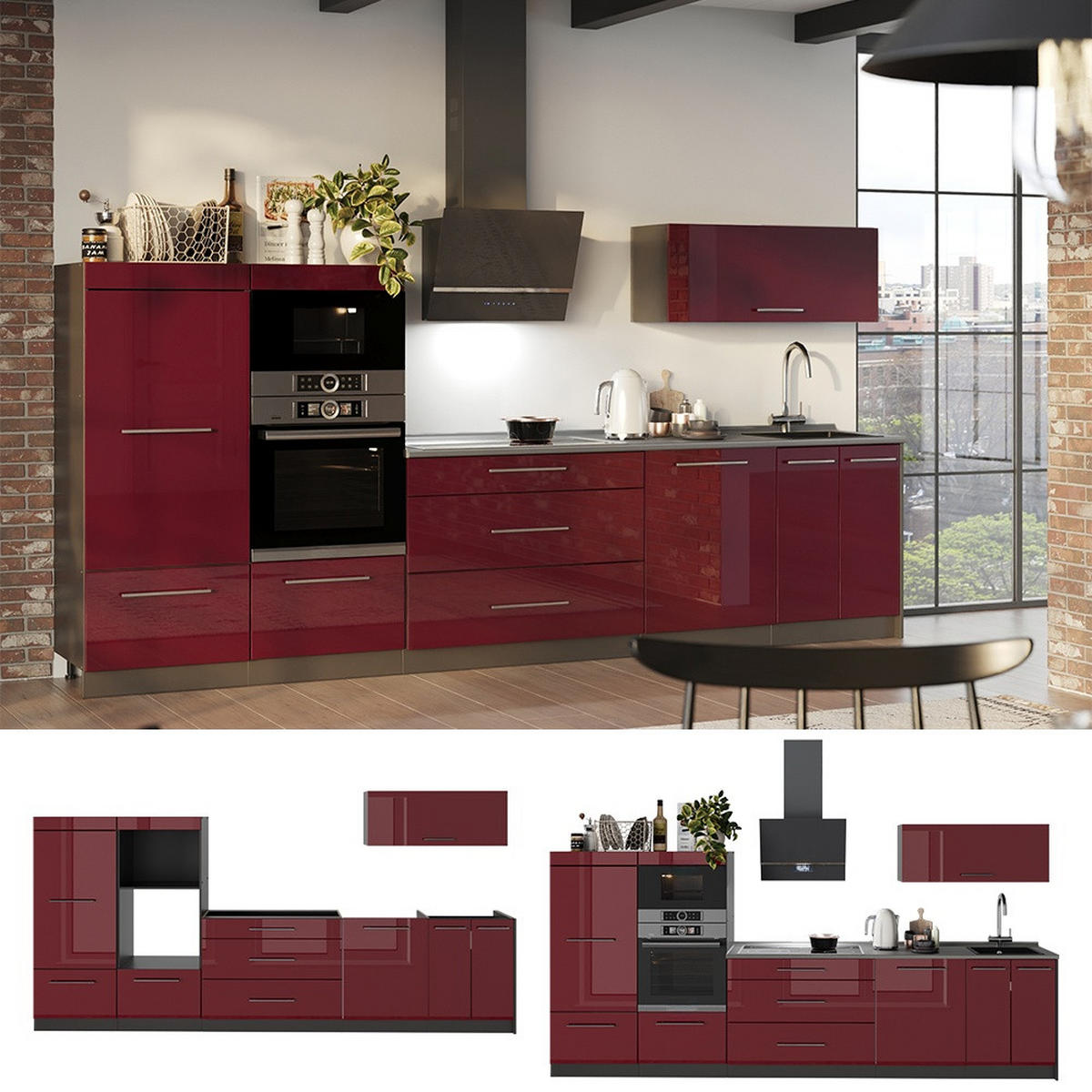CHICINETĂ Fame-Line, Bordeaux lucios ridicat/antracit, 340 cm fara blat - bordo/antracit, compozit lemnos (340/153.6/51.6cm) - Vicco