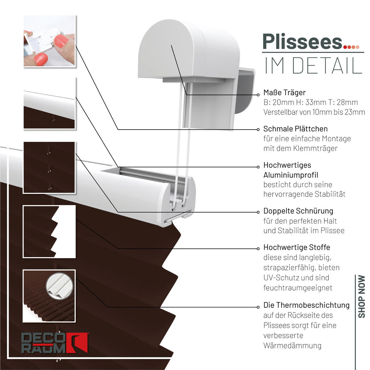 PLISSEE Thermo Basic 75 x 210cm Klemmfix ohne Bohren - Dunkelbraun, Textil (75/210/210cm) - Deco-Raum