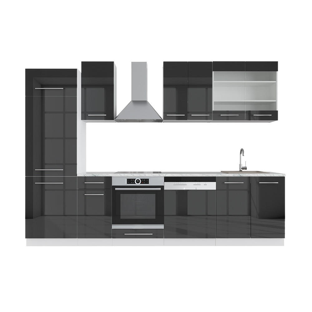 KUHINJSKI BLOK Fame-Line Antracit z visokim sijajem 300 cm brez delovne plošče - črna/bela, leseni material (300/81.6/46cm) - Vicco