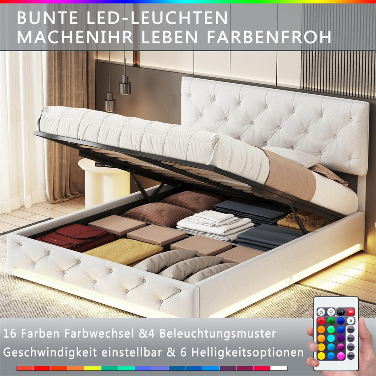 POLSTERBETT 140x200 cm mit LED-Beleuchtung - hydraulischem Bettkasten - ohne Matratze - Off-White - Creme, Textil (140/200cm) - DELFA