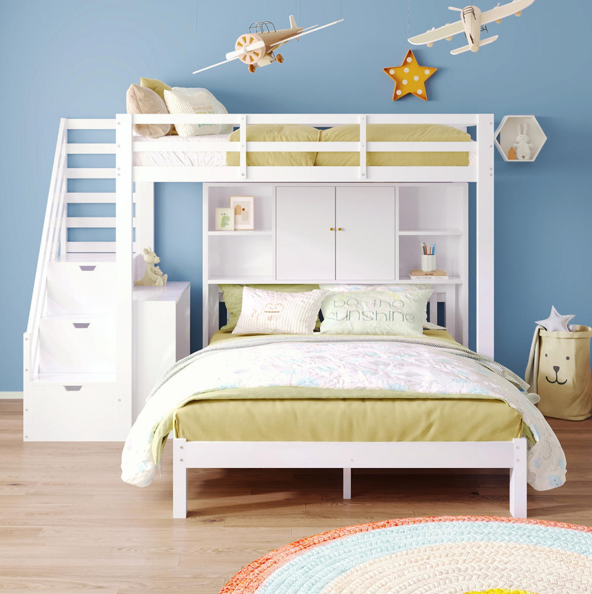 POSCHODOVÁ posteľ 90/200 a 140/200 cm biela s úložnými schodmi a stolíkom z masívneho dreva a MDF - biela, drevo (90/200cm) - OKWISH