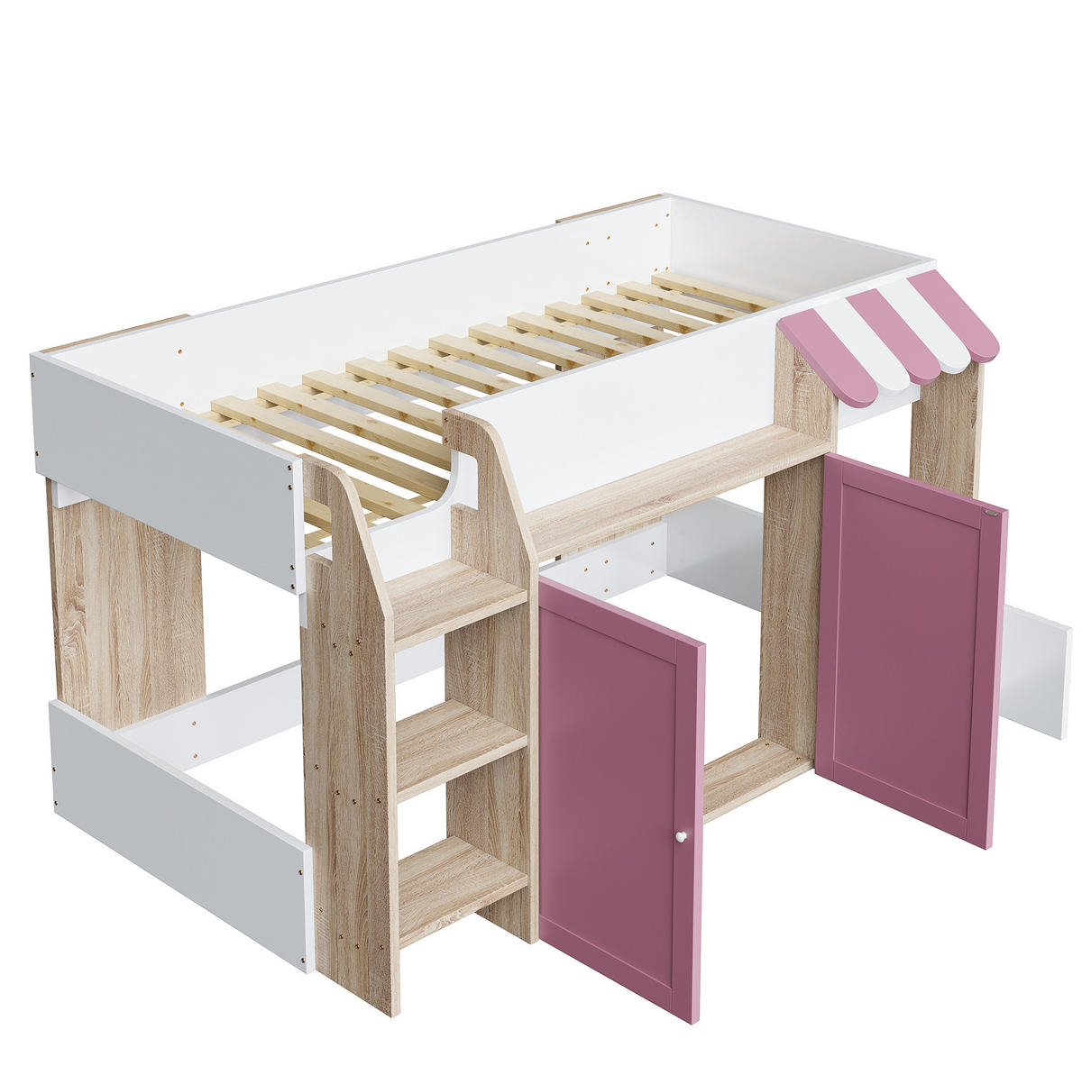 HOCHBETT mit Leiter und Stauraum 90x200 cm Holz Weiß und Rosa - Pink, Holzwerkstoff (90/200cm) - Beauniv