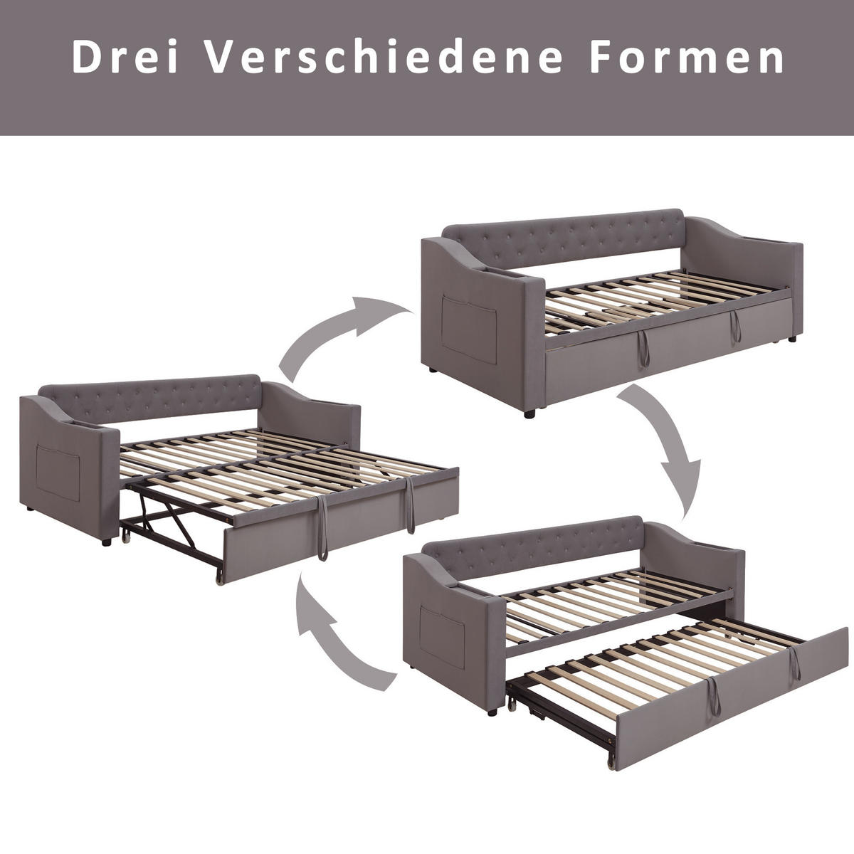 POLSTERBETT 90/180 cm Dunkelgrau aus Samt mit Stauraum und USB- und Type-C-Anschlüssen - Dunkelgrau, Textil (90/190cm) - OKWISH