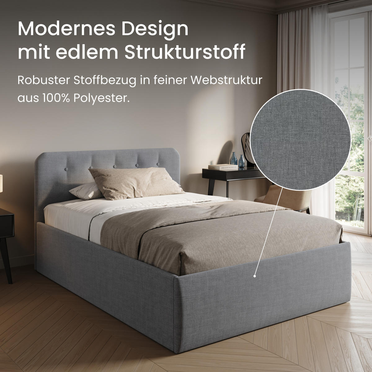 POLSTERBETT mit verstellbarem Lattenrost & Bettkasten, 140 x 200 cm in Grau - Grau, Holzwerkstoff (140/200cm) - Home Collective