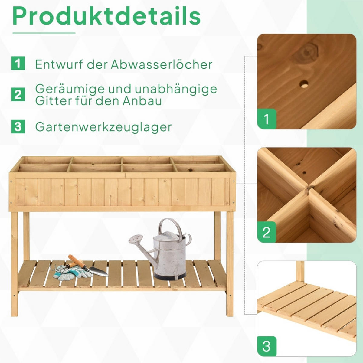 HOCHBEET 110/46/76 cm Naturholz mit 8 Fächer mit Abfluss Ablage - Naturfarben, Holz/Metall (46/76/110cm) - Oxeza