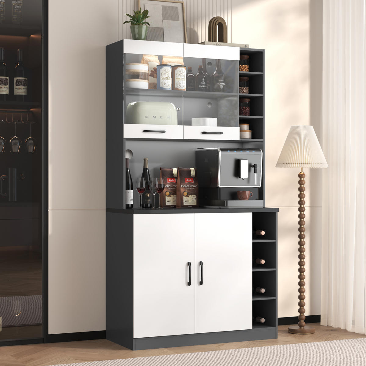 BUFFET Aufbewahrungsschrank 100x47x187cm Weiß mit Glas & LED Beleuchtung - Weiß, Holzwerkstoff (47/187/100cm) - Modfu