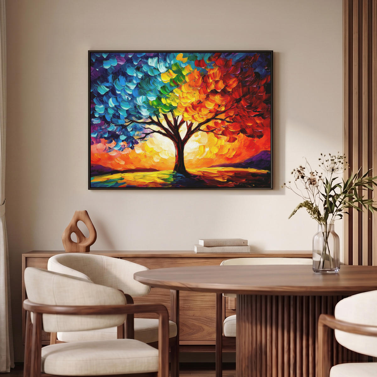 LEINWAND Bilder mit Rahmen - Baum - Kunst - Natur - Sonnenuntergang - 100x70 - Multicolor, Textil (100/70cm) - MuchoWow