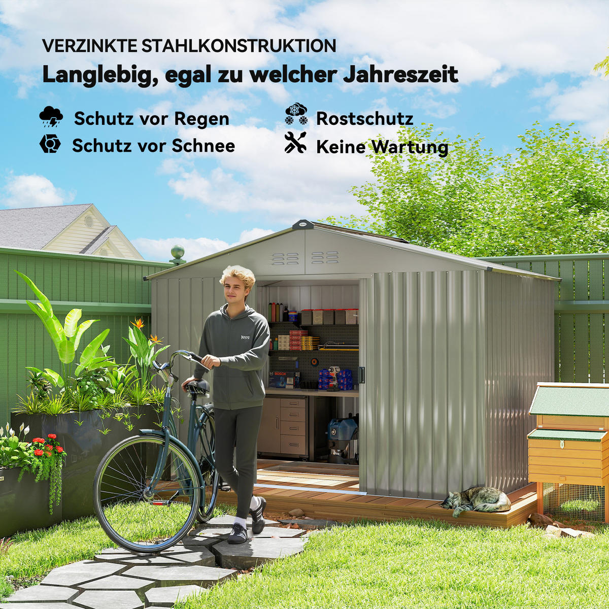 STAHL-GERÄTEHAUS 4,9m² 277x195x192cm verzinkt mit Satteldach - Grau, Metall (195/192/277cm) - Outsunny