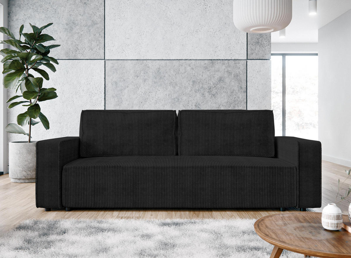 BIGSOFA Aydin Sofa Dunkelgrau 238/94/85 cm Cord mit Schlaffunktion Bettkasten - Dunkelgrau/Schwarz, Kunststoff/Textil (238/85/94cm) - AX Living