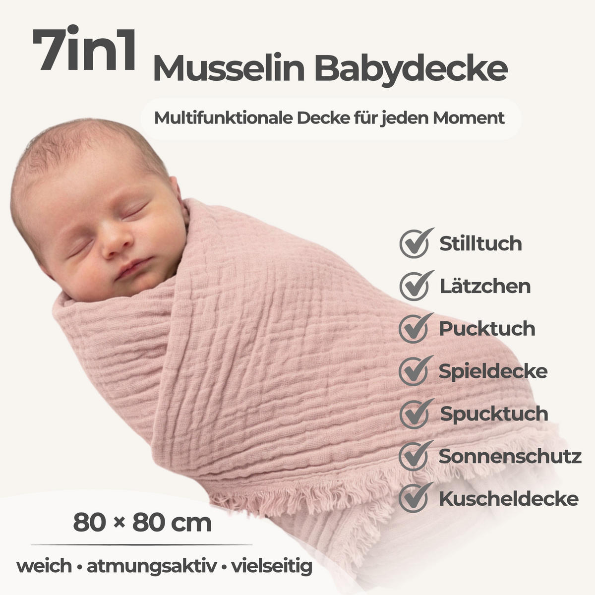 MUSSELINDECKE Babydecke Stilltuch Einschlagdecke Säuglingsdecke Erstlingsdecke Babygeschenk Geburt - Altrosa, Textil (80/80cm) - nordic coast company