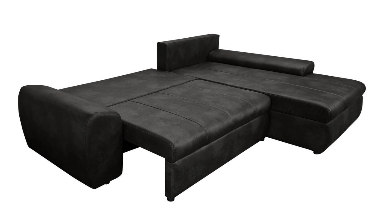 ECKSOFA mit Schlaffunktion, Bettkasten, Wellenunterfederung, Ottomane rechts B266/T186/H90 cm, Mikrofaser Leder-Optik Vintage Schwarz / 18013 - Schwarz, Kunststoff/Textil (266/186cm) - luma-home