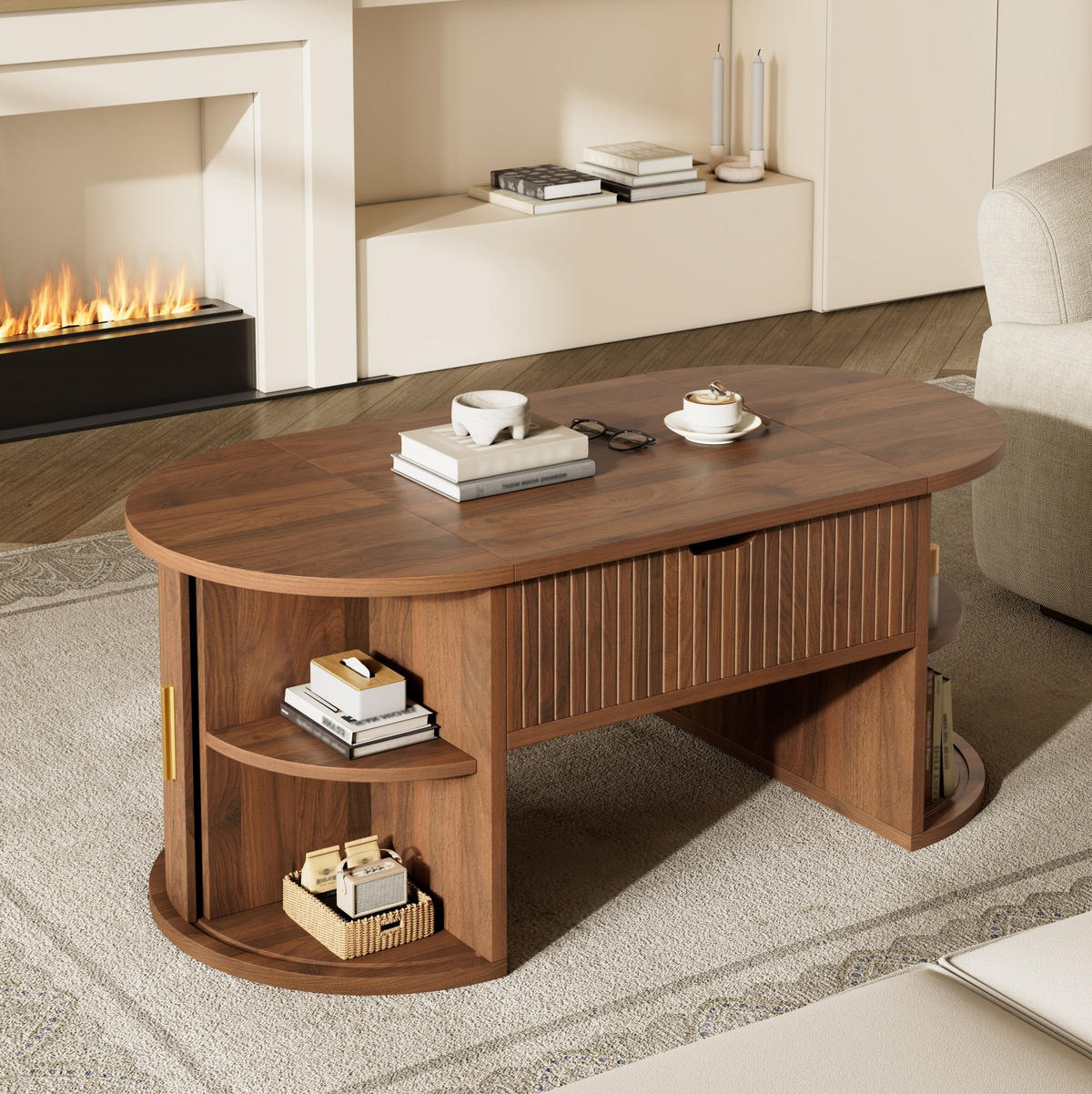 KONFERENČNÍ stolek 100/50/40,5 cm MDF ořech, výškově nastavitelný s úložným prostorem - ořechová, kompozitní dřevo (100/50/40.5cm) - BEAOK