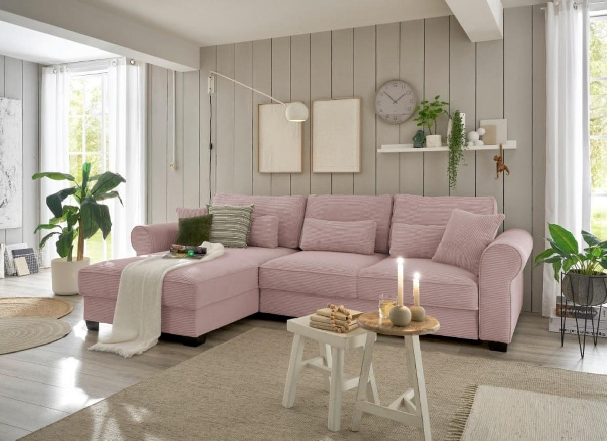 ECKSOFA beidseitig montierbar, Schlaffunktion mit Bettkasten und Nosagfederung in Breitcord - Schwarz/Rosa, Textil (318/197cm) - ed exciting design