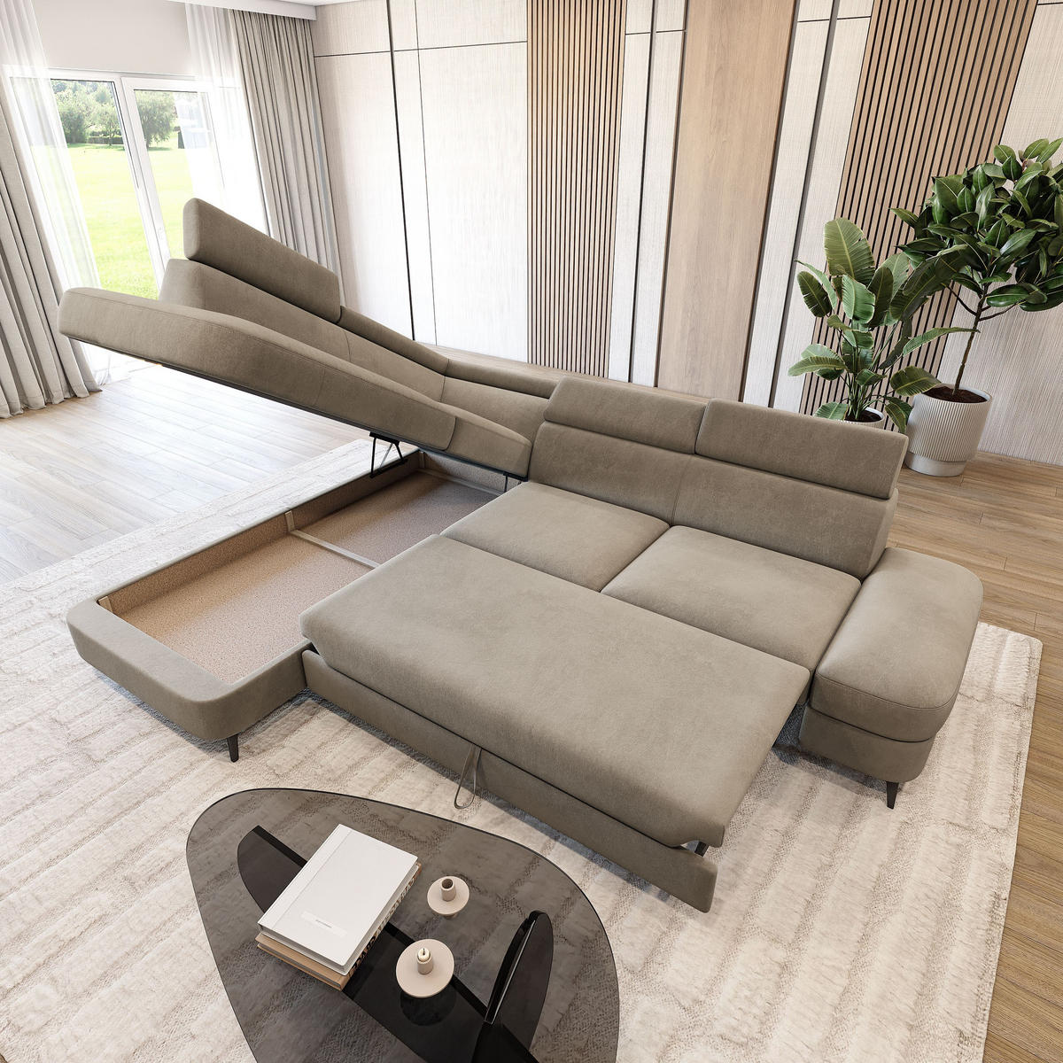 ECKSOFA AVISE MV L-S Beige Velours-Stoff mit Schlaffunktion - Beige, Holzwerkstoff/Textil (268/195cm) - MASSENO