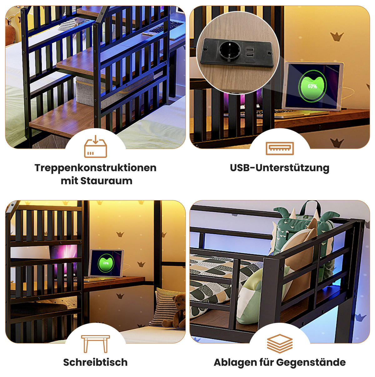 ETAGENBETT 90/200 cm mit LED-Beleuchtung, Schreibtisch und Stauraum - Schwarz, Metall (90/200cm) - Flora Grace