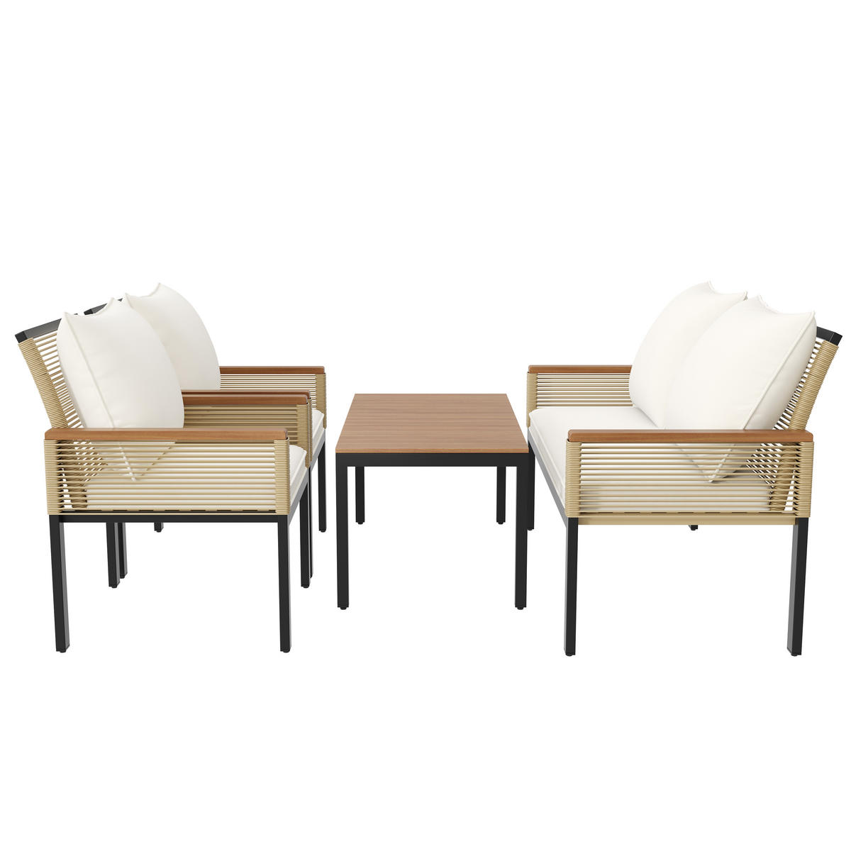 LOUNGESET Beige Rattan Doppelsofa 2 Sessel Tisch - Beige, Metall - FLIEKS