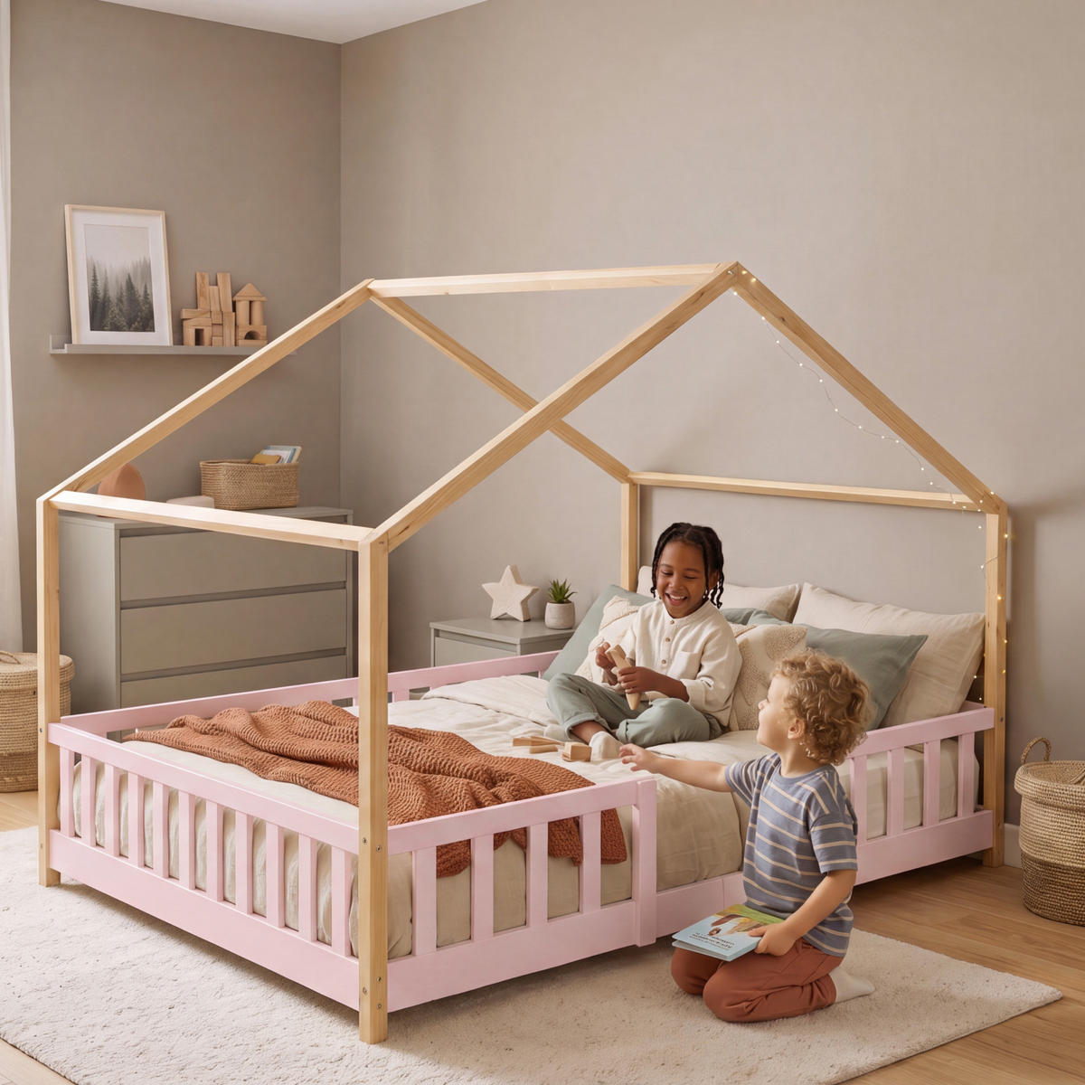 HAUSBETT Treviolo - Pink/Naturfarben, Holz (120/200cm) - [en.casa]