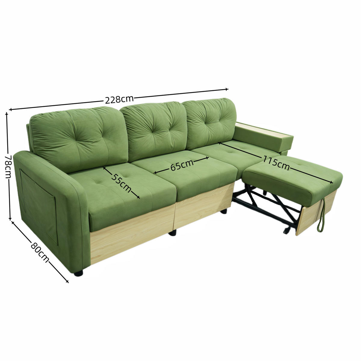 ECKSOFA 228/80/78 cm aus Samt mit ausziehbarer Ottomane und USB-Anschluss Grün - Grün, Textil (80/228cm) - Modenvie