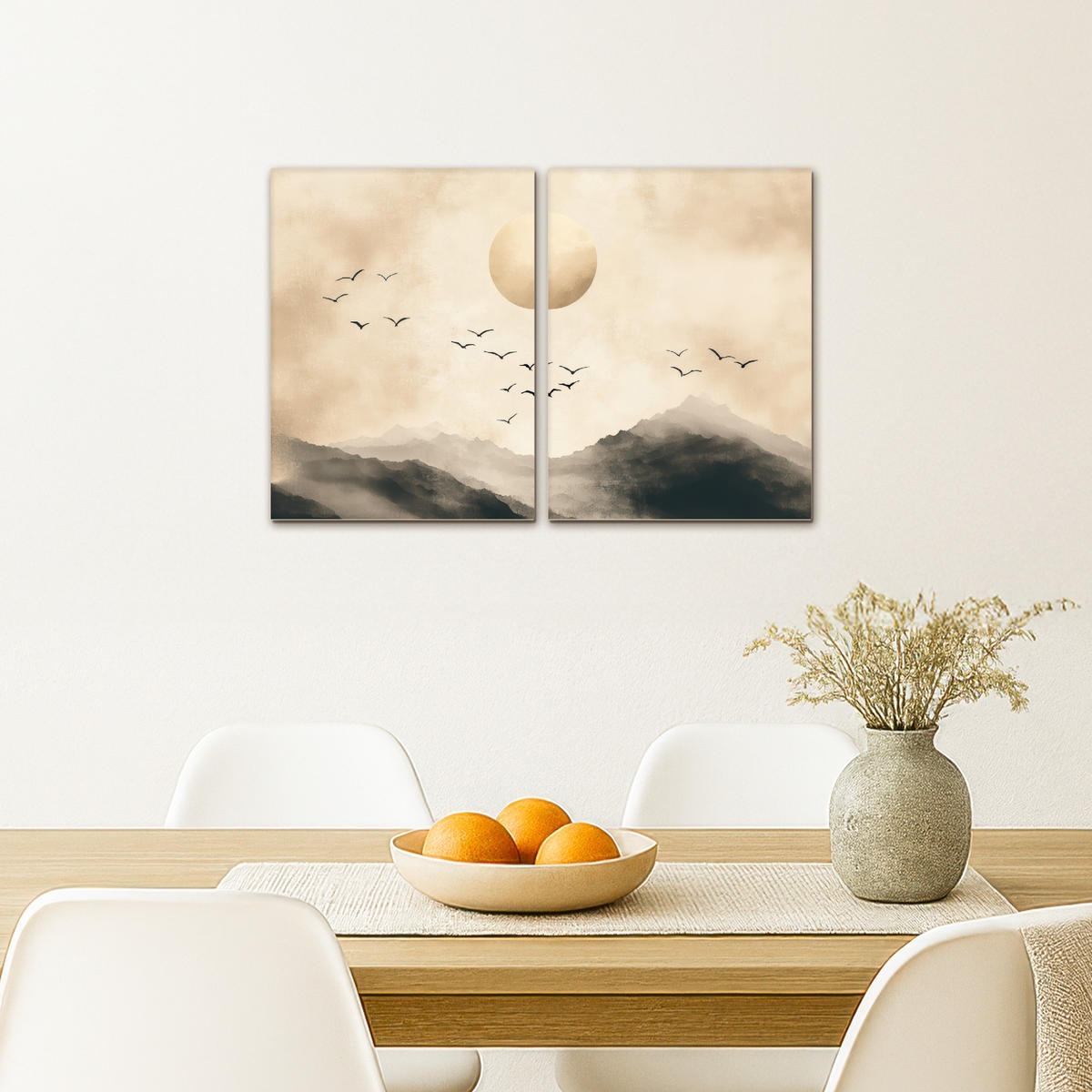 LEINWANDBILD 2er Set Landschaft - Japandi - Beige - Vögel 60x40 cm - Beige, Textil (60/40cm) - MuchoWow