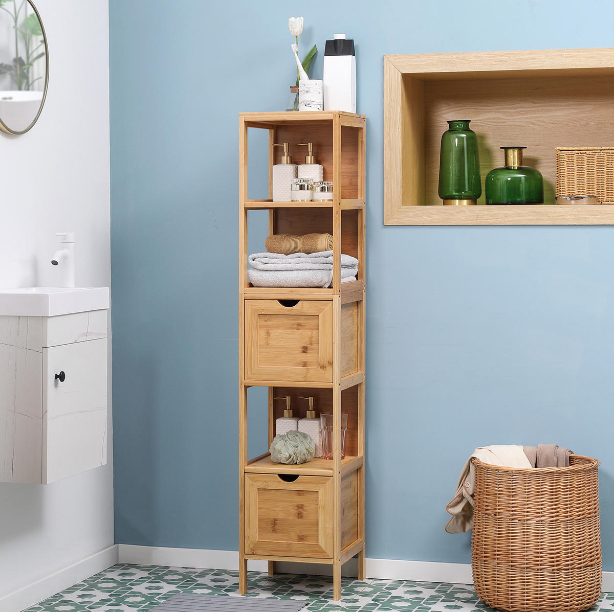 BADEZIMMERSCHRANK 30x30x140 cm Natur aus Bambus mit Kippsicherung & 2 Schubladen - Naturfarben, Naturmaterialien (30/140/30cm) - Modfu
