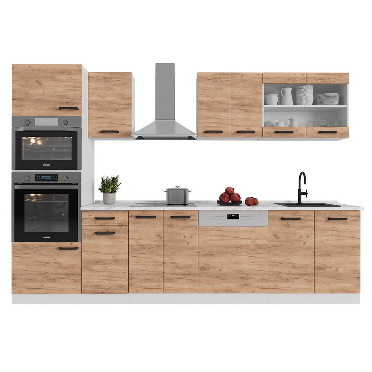 KÜCHENZEILE R-Line Goldkraft Eiche/Weiß 300 cm ohne Arbeitsplatte - Honigeiche/Eiche Wotan, Holzwerkstoff (300/81.6/46cm) - Vicco