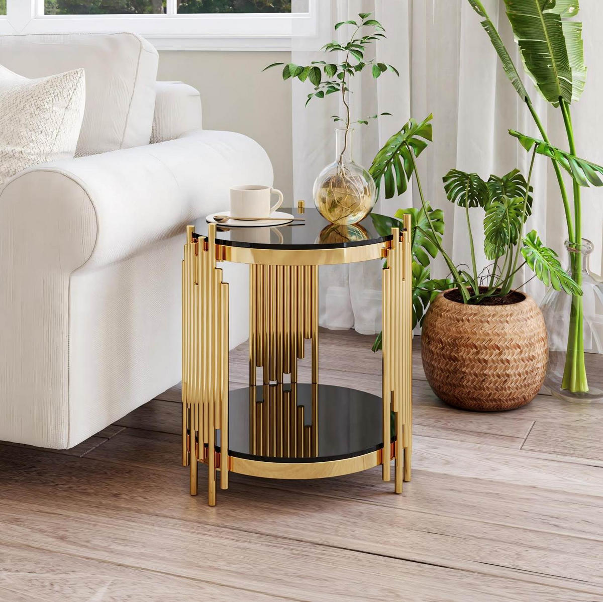 BEISTELLTISCH rund 2-stufig Schwarz Gold mit Glas - Schwarz, Glas (45/45/55cm) - Meubliv