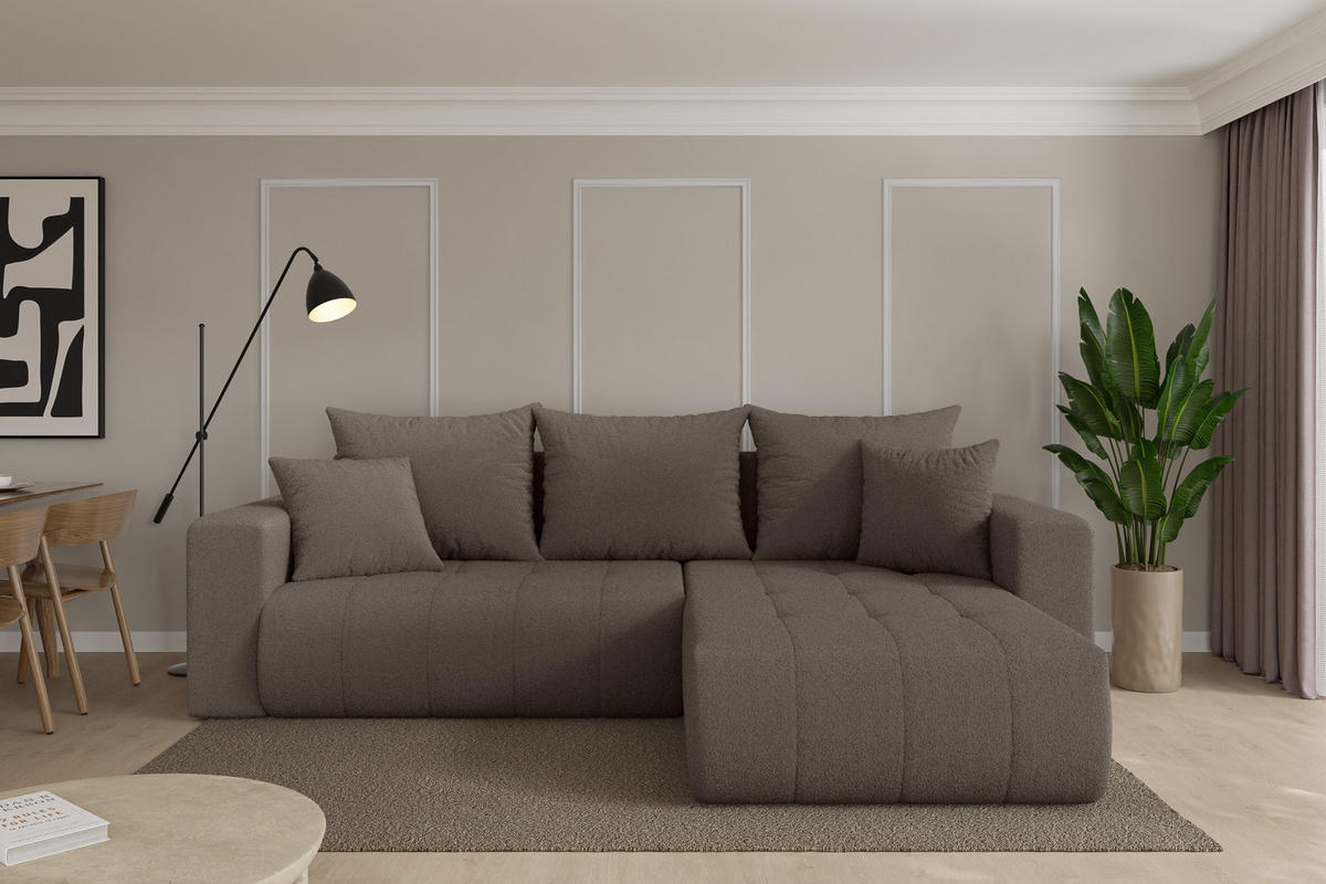 ROHOVÁ SEDAČKA s funkcí spaní, otoman vpravo MILA-L 277x194x86 hnědá bouclé - černá/hnědá, kompozitní dřevo/textil (277/194cm) - ALTDECOR