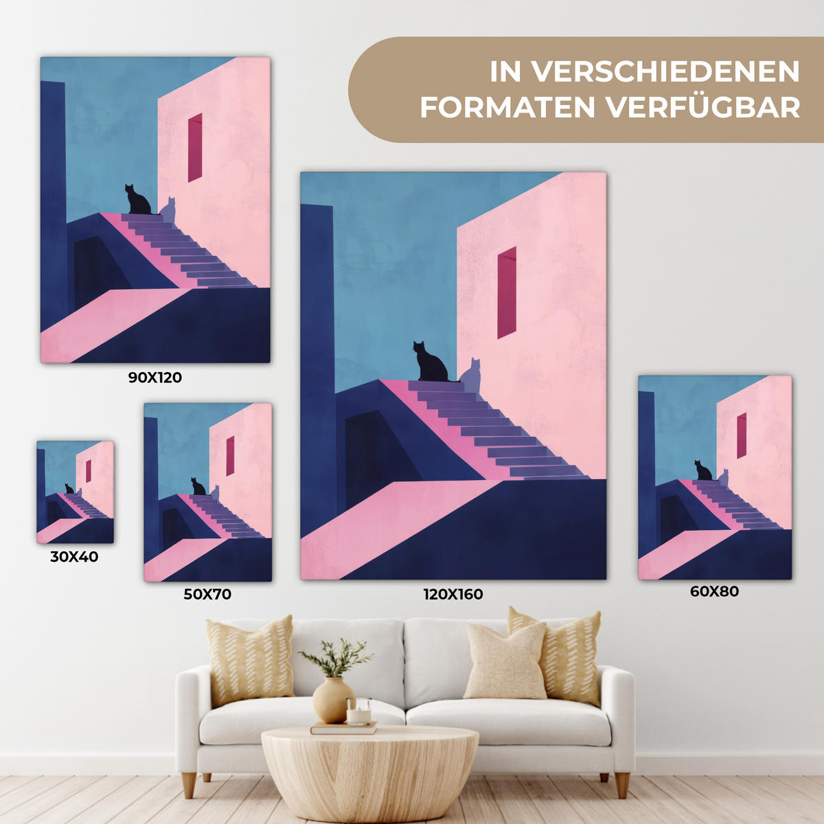 LEINWANDBILD Katze - Treppe - Gebäude - Schattenkontraste Wandbild Wohnzimmer 60x80 cm - Dunkelblau, Textil (60/80cm) - MuchoWow