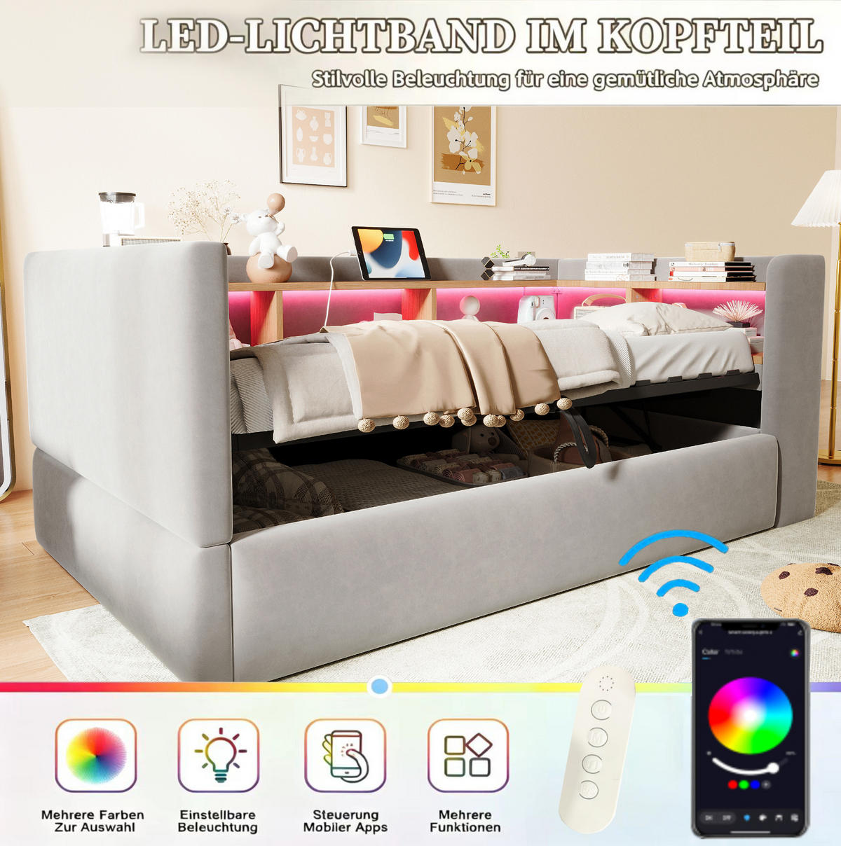 POLSTERBETT 90/190 cm aus Flanell mit LED und Steckdosen, Hellgrau - Hellgrau, Textil (90/190cm) - OKMYHOME