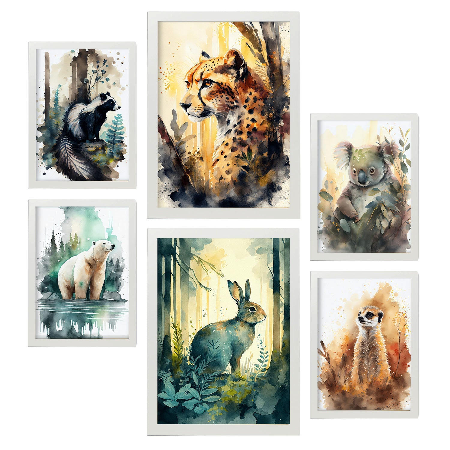 POSTER Set Mit 6 Tiefer Wald Illustrationen Von Tieren In Naturlandschaften, Realistischer Aquarellstil Innenarchitektur A3 & A4 Weißer Rahmen - Weiß, Papier (29/3cm) - Nacnic