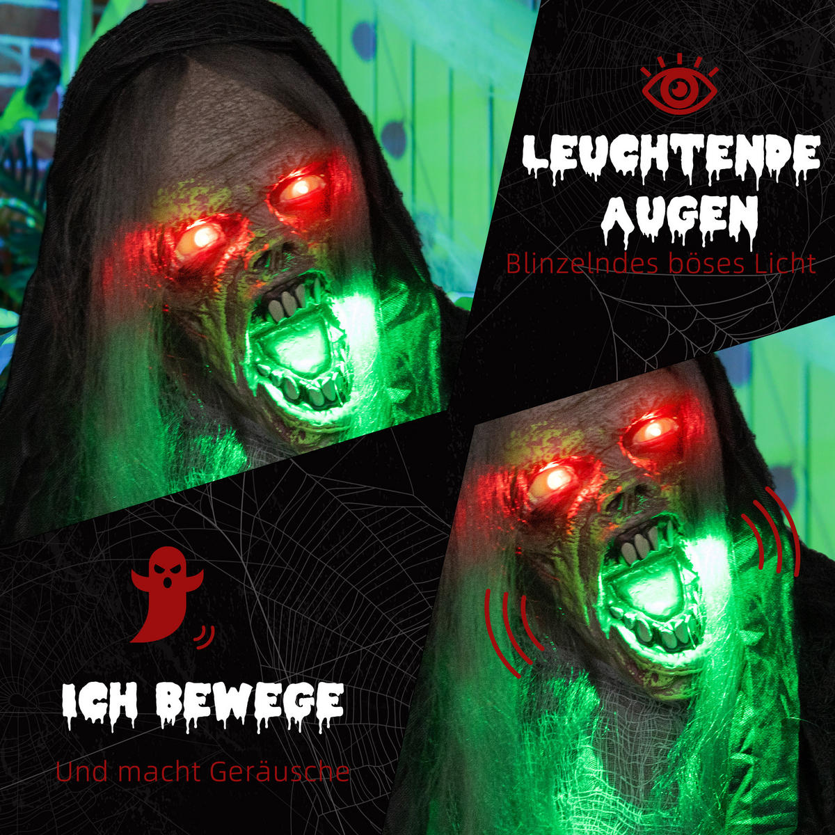 HALLOWEEN DECORATIONS 183cm Hängendes Monster mit grün LED-Lichter, Soundfunktion - Schwarz, Kunststoff/Metall (70/183/18cm) - HOMCOM