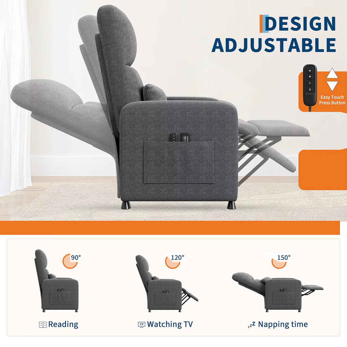 RELAXSESSEL elektrisch Massage Wärme USB Rückenlehne - Grau, Textil (67/108/74cm) - Kaket