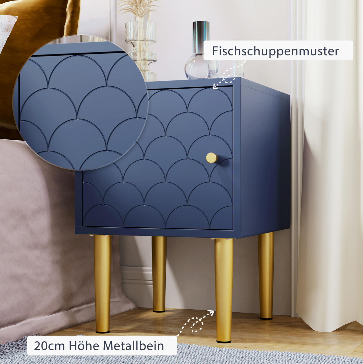 NACHTTISCH 35/35/51 cm in Marineblau mit Fischschuppenmuster und Metallbeinen - Dunkelblau, Holz (35/51/35cm) - Flora Grace