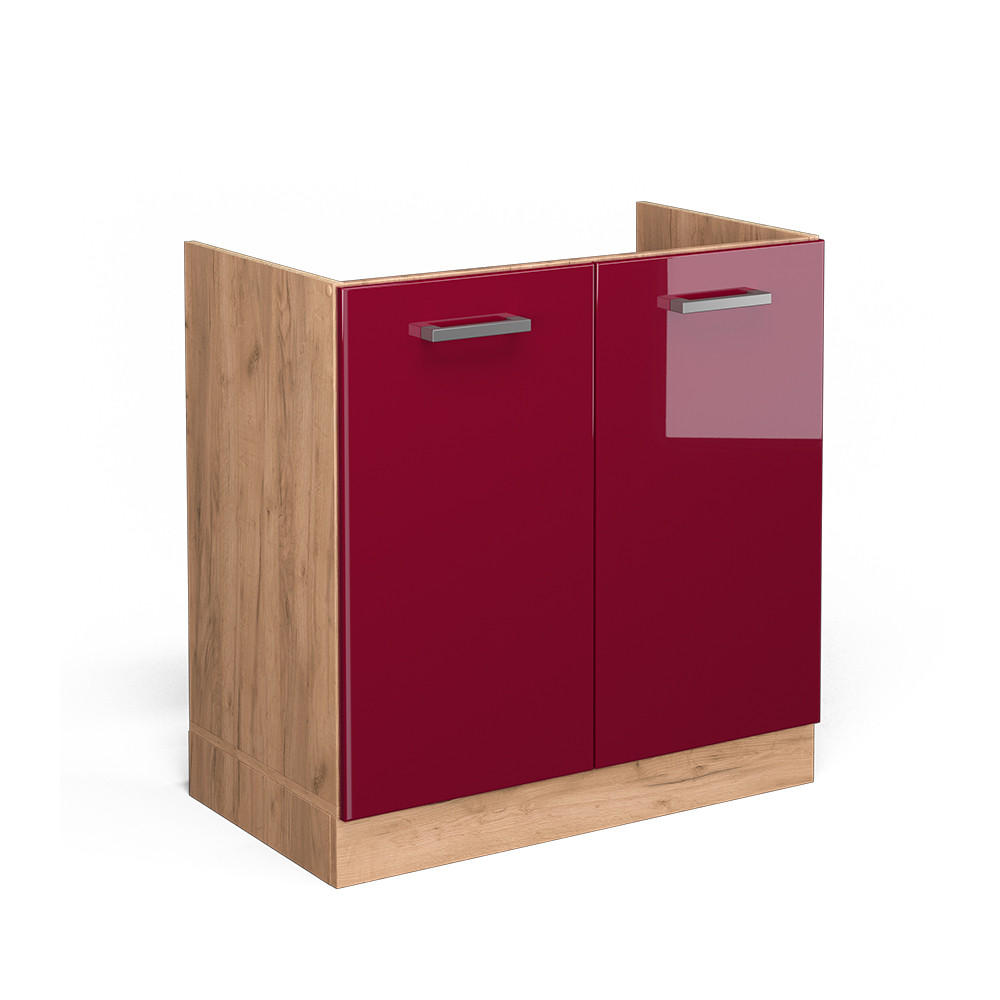 SPÜLENUNTERSCHRANK R-Line Bordeaux Hochglanz 80 cm ohne AP - Bordeaux/Eiche Wotan, Holzwerkstoff (80/81.6/46cm) - Vicco