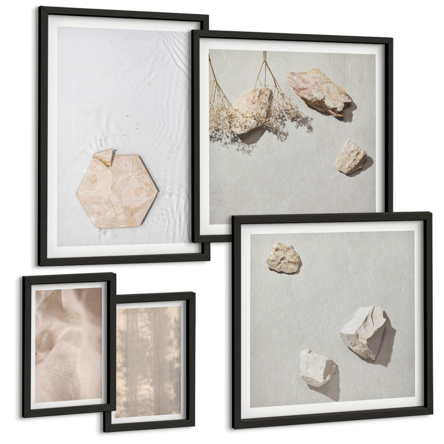 BILDER SET 5er Set - 50x50 cm & 20x30 cm & 40x60 cm Schwarzer Rahmen - Dezente Boho-Naturtexturen - Schwarz, Kunststoff (40/60cm) - TULUP
