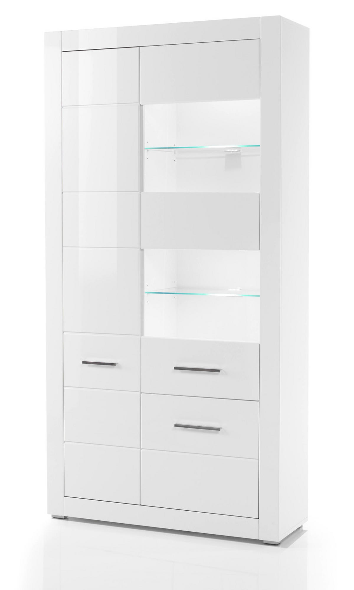 VITRINE weiß Hochglanz 100 cm, Glasvitrine mit 10 Fächern - Weiß Hochglanz/Silberfarben, Glas/Holzwerkstoff (100/198/35cm) - Furn.Design