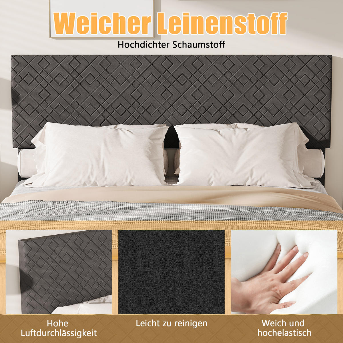 POLSTERBETT 140x200 cm mit höhenverstellbarem Kopfteil, einfacher Montage, Leinenstoff in Grau - Grau, Holz (140/200cm) - BRILVERDE