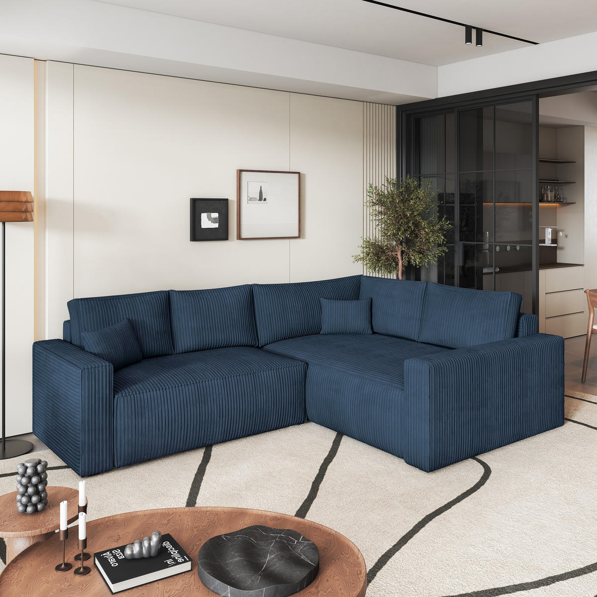 ROHOVÁ SEDAČKA ERONIS modrá - šedá/modrá, dřevo/textil (265/194cm) - MASSENO