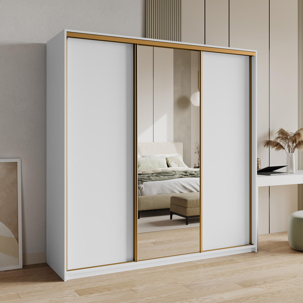 ŠATNÍ SKŘÍŇ S POSUVNÝMI DVEŘMI TAVI, 180/205/60 cm 3dveřová se zrcadlem a zásuvkami, bílá - bílá/zlatá, kompozitní dřevo (180/205/60cm) - MASSENO