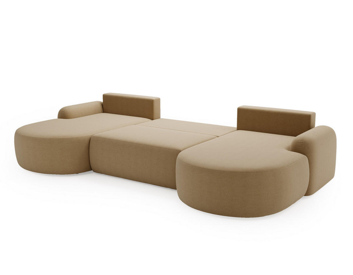 WOHNLANDSCHAFT Cloudy Beige, mit abgerundeten Seiten und Kissen - Beige, Holzwerkstoff (377/92/177cm) - Bettso